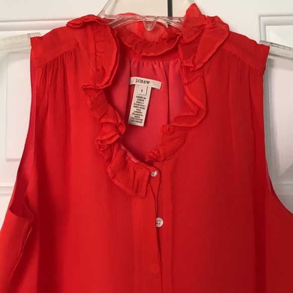 Red Orange Ruffle Neck Button Sleeveless Blouse Top - J. Crew - Picture 2 of 4